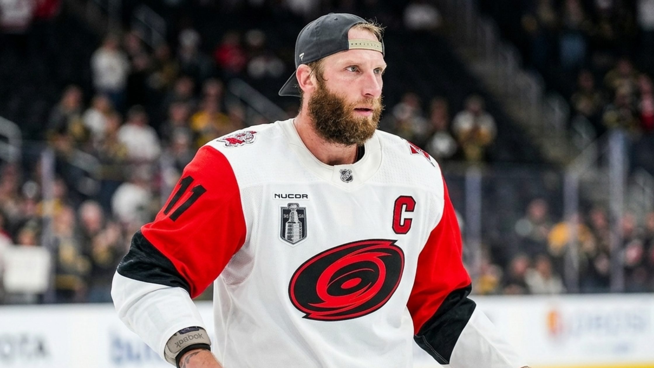 Jordan Staal Stanley Cup Final 2026 Carolina Hurricanes White Hockey Jersey with Red and Black Sleeve Design