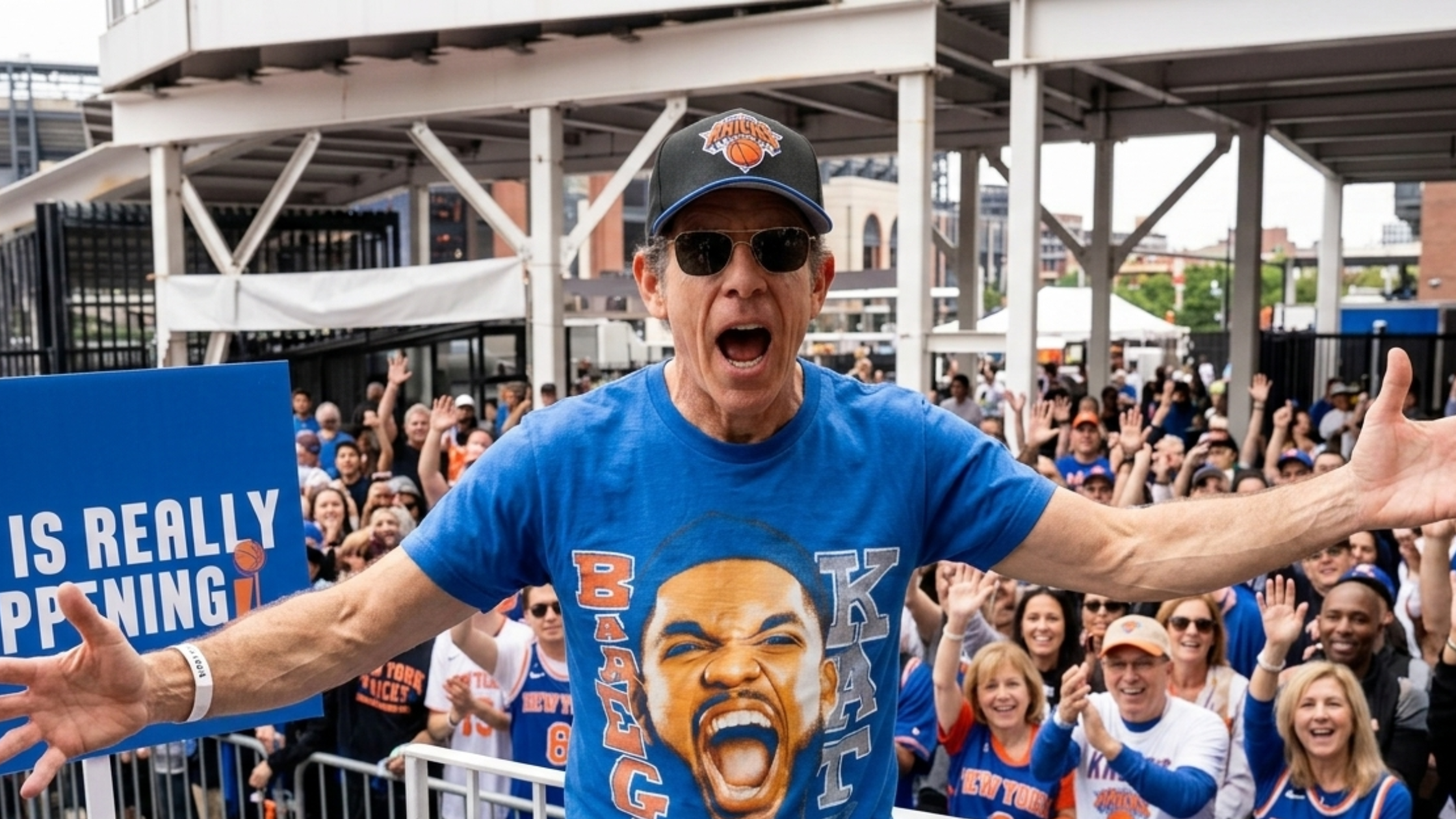 Ben Stiller New York Knicks Championship Parade 2026 Karl-Anthony Towns KAT Portrait Blue Graphic T-Shirt
